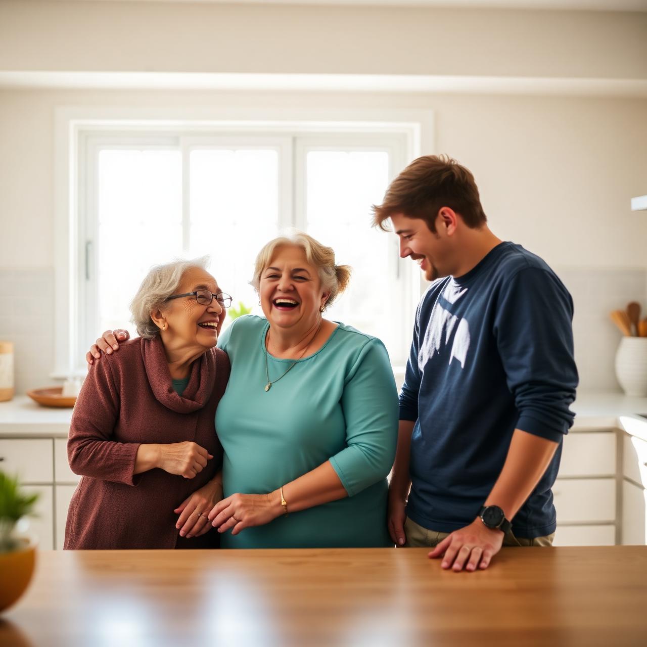 A multigenerational family laughing together in a bright sunlit kitchen