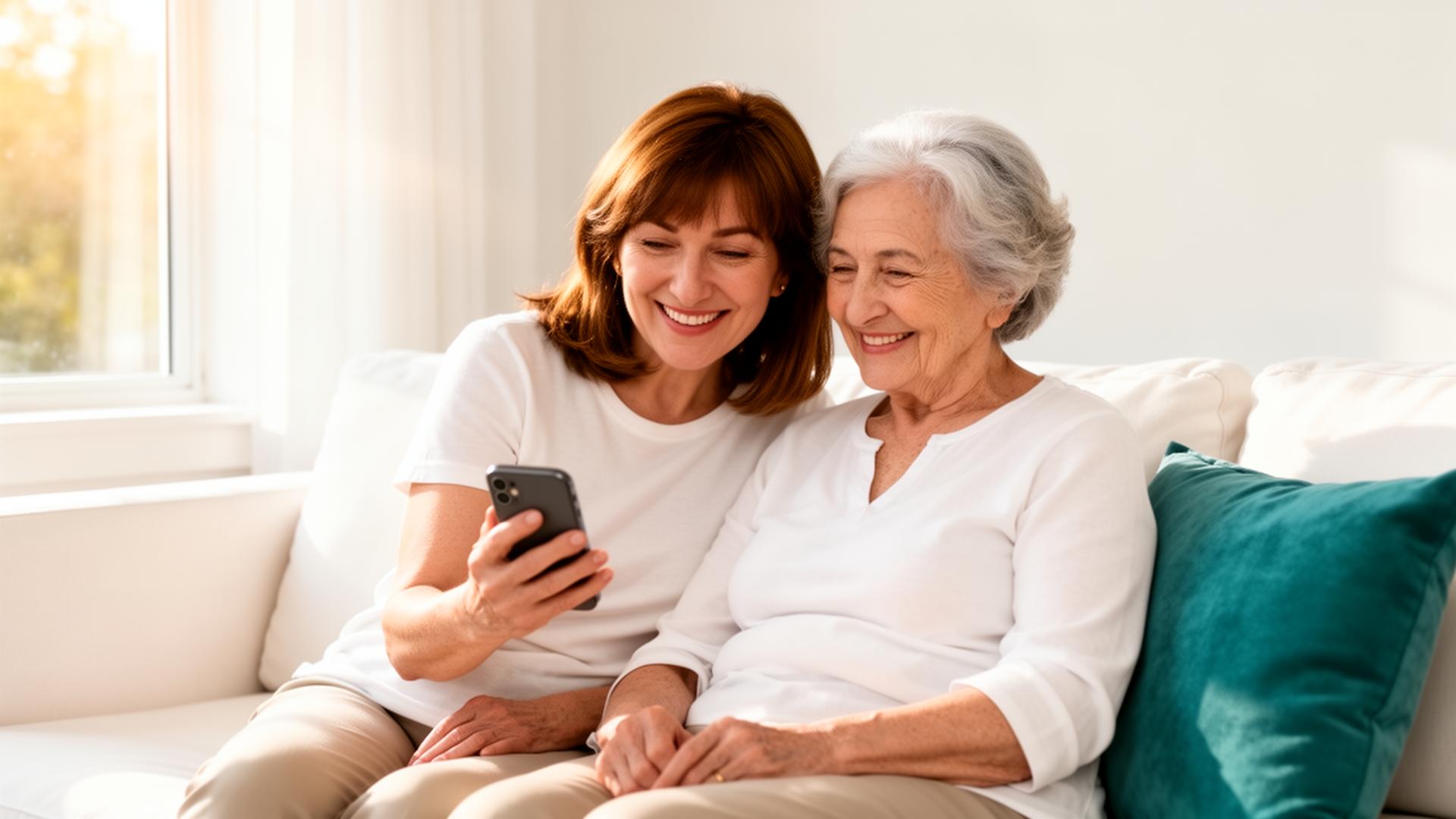 A daughter and her mother smiling together while using the MemoRx app on a sunlit couch